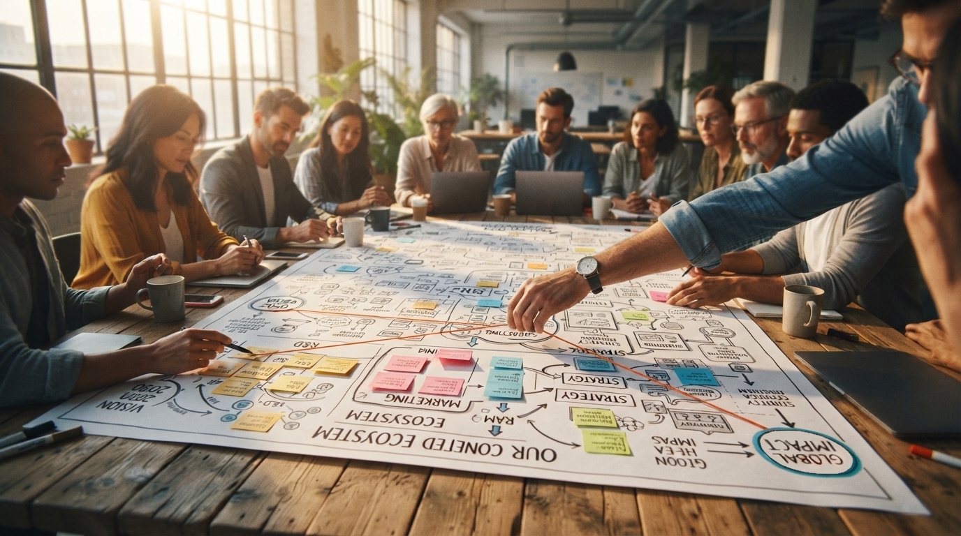 A team around a large sheet showing the whole organisation, tracing an orange thread across it.