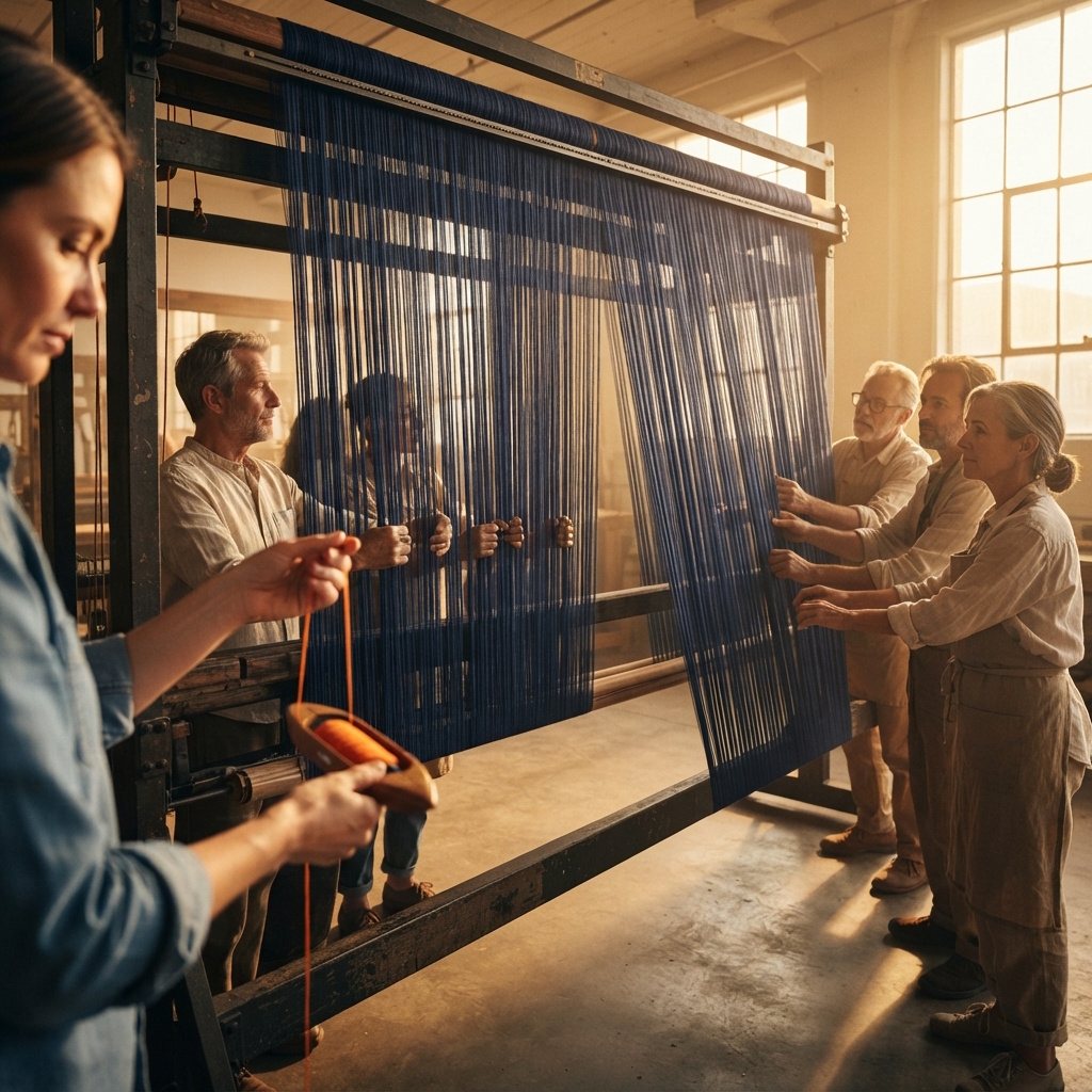 A team poised on both sides of a wall-sized loom hung with loose navy threads and no cloth yet, one person holding an orange thread, ready to start.