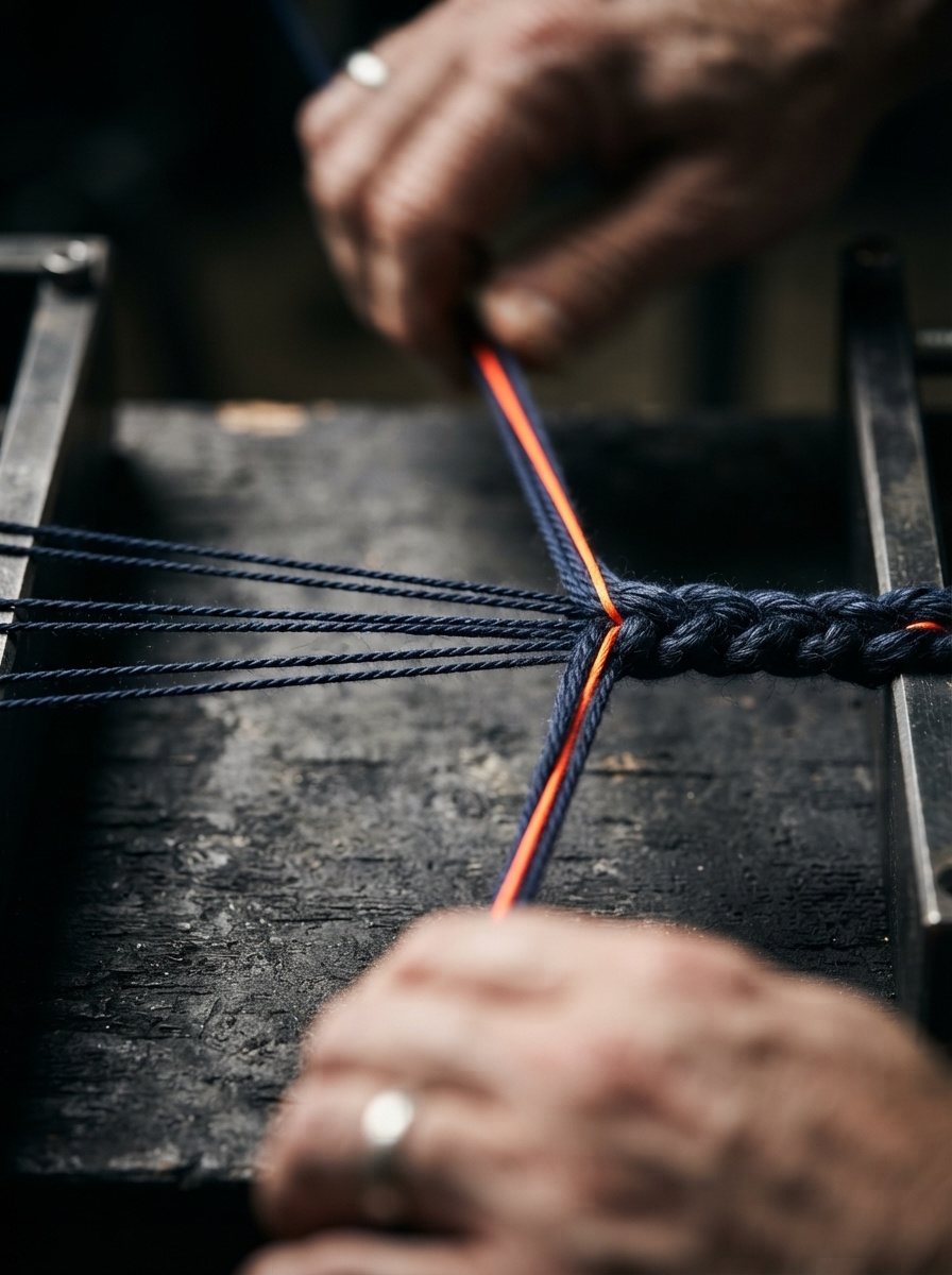 Hands pulling three navy threads into one braided cord with an orange thread woven through it.